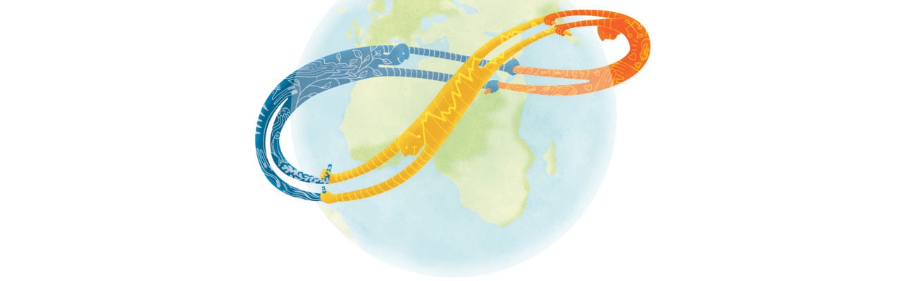 Illustration till artikel om hållbarhetens historia. Tre armar som symboliserar de tre aspekterna social, ekologisk och ekonomisk hållbarhet sträcker sig runt jordklotet.