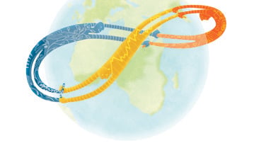 Illustration till artikel om hållbarhetens historia. Tre armar som symboliserar de tre aspekterna social, ekologisk och ekonomisk hållbarhet sträcker sig runt jordklotet.