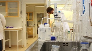 Interiörbild från Miljöarkeologiska laboratoriet med flaskor i förgrunden och en man i vit labbrock i bakgrunden