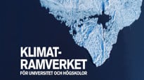 Flygfoto över isformation på hav med texten Klimatramverket för universitet och högskolor.