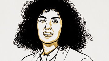 Illustraterande porträtt av Narges Mohammadi.