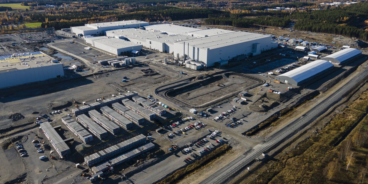 Flygbild över batterifabriken Northvolt Ett i Skellefteå/Bergsbyn.