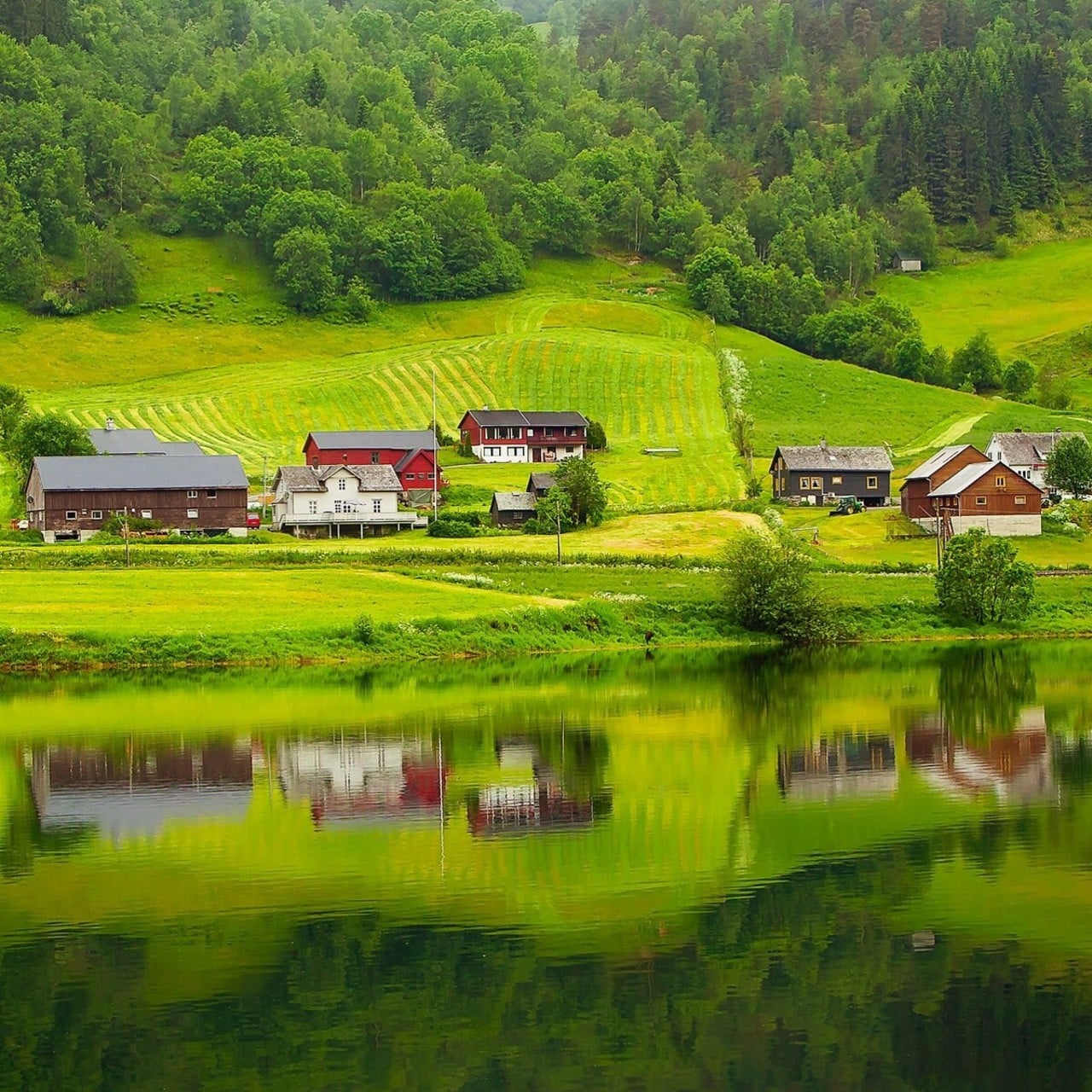 Hus, stugor, bodar och andra byggnader på andra sidan en sjö. Speglingen gör att byggnaderna och de gröna ängarna och bergen bakom speglas i sjöns vatten. Det är sommar och grönt.