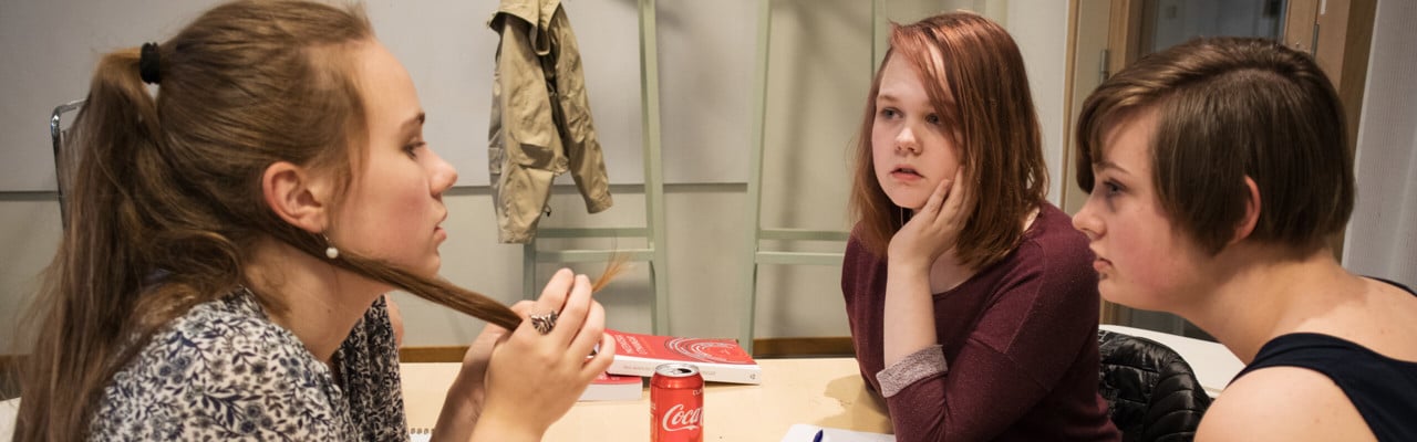 Bild på Hanna Wikström. Magda Hyttsten och Tindra Nygren under problemlösningskurs i matematik
