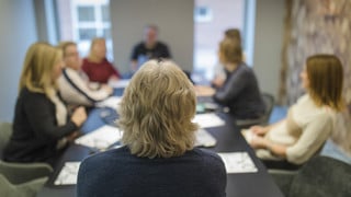Personer i möte vid ett konferensbord.