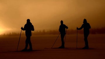 Silhuetter av skidåkare i skymningsljus.