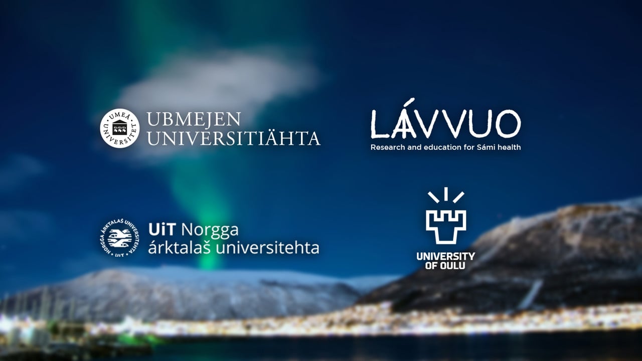 Norsk kustbygd under vintertid. Logotyper från Umeå Universitet, forskningsgruppen Lávvuo, University of Tromsö och University of Oulu