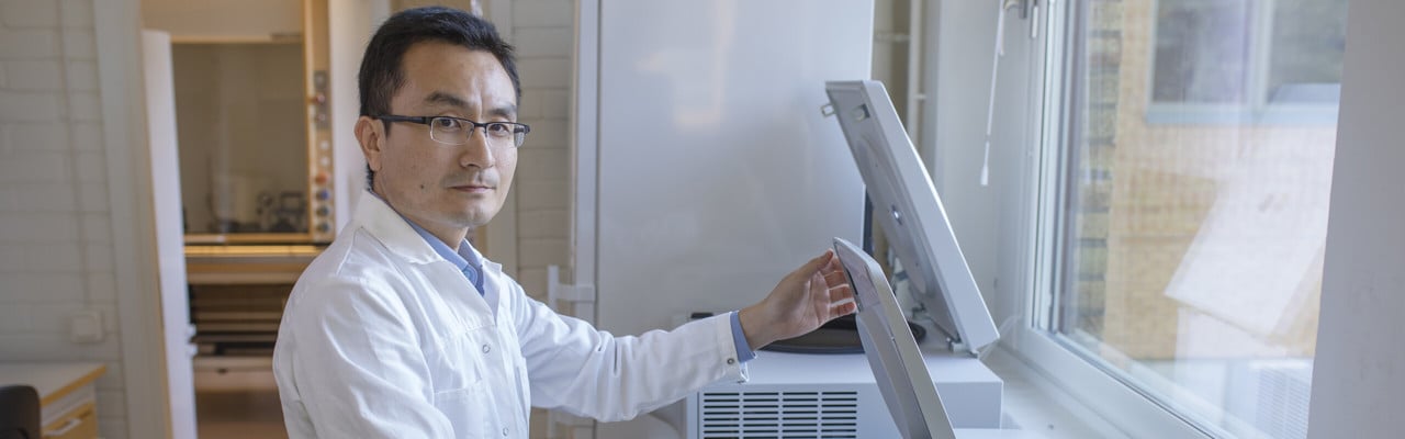 Porträtt på Yaowen Wu, professor i biokemi med inriktning mot syntetisk proteinkemi, vid Kemiska institutionen.