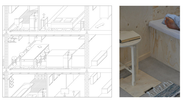 ”Reality stopped in motion with objects of varying degree of temporarity.” A domestic fiction from The pendulum of homemaking: Interface of home and objects (including humans) in a temporal built environment. Axel Gillblad, year 4 project, 2023.